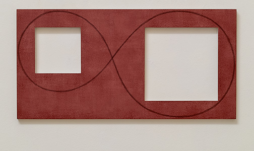 Robert Mangold / Robert Mangold Two Open Squares Within a Red Area (study)  2016 30.5 x 61 cm acrylic paint and pencil on panel
