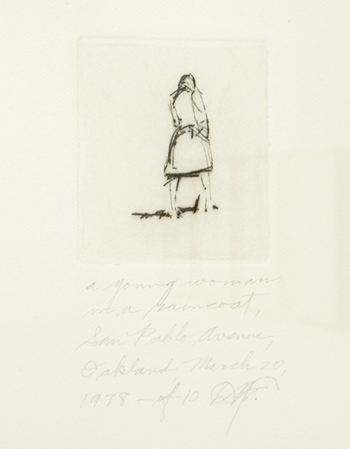 Dan Flavin / Dan Flavin a young woman in a raincoat  1978 37.5 x 28.6 cm drypoint Ed. 10 publisher: Crown Point Press