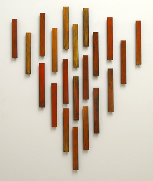 Joseph Egan / fire  2011  in 21 parts overall dimensions ca.  200 x 150 x 3.5 cm each part: 47 x 6 x 3.5 cm various paints on wood